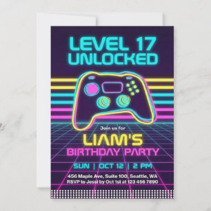 Teen Retro Neon Gamer Birthday Invitation for Boys
