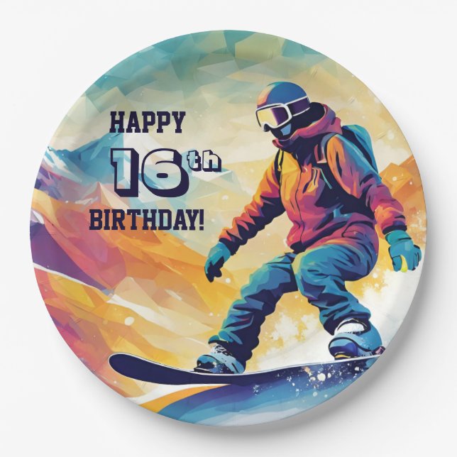 Teen Snowboarding Birthday  Paper Plate (Front)