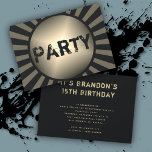 Teen Sons Birthday Party Grunge Black Invitations<br><div class="desc">Birthday party invitation for the teenage boy.  Black and dirty gold colours with grunge font style on a horizontal card.  Big "Party" lettering on front,  with distressed printed text on the back.  Easily customize with as many lines of text as needed in paragraph form.</div>
