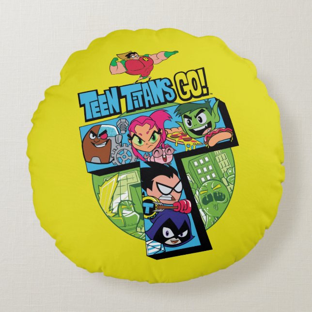 Teen Titans Go! | Titans Tower Collage Round Pillow (Front)