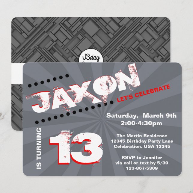 Teen/Tween Graffiti Wall Birthday Boy Party Invitation (Front/Back)