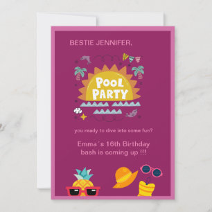 teenage bestie pink pool party splash birthday  invitation