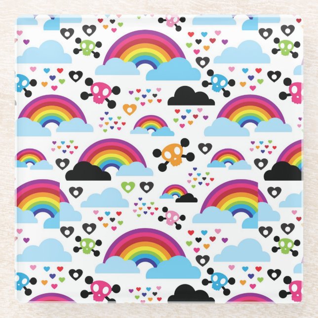 Teenage emo rainbow skull background glass coaster (Front)
