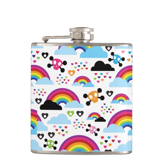 Teenage emo rainbow skull background hip flask (Front)