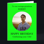 Teenage Grandson Photo 14th BIG Birthday Card<br><div class="desc">Teenage Grandson Photo 14th BIG Birthday Card from Grandma and Grandpa. Tweak this to your preferred name such as Grandmom, Grandmother, Grandad. The teenager birthday! For age 14. Alternatively, you can add any AGE of birthday–13th, 15th, 16th, 17th, 18th Add your own selected photo into a bright green round frame...</div>