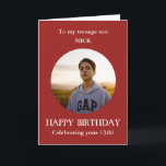 Teenage Son Photo Happy Birthday Card Red<br><div class="desc">https://www.zazzle.co.uk/teenage_son_photo_happy_birthday_card_red-256302284352311275 Photo Birthday card for son from mom, mum, mother. For age 13. The first teenager birthday! Alternatively, you can add any relationship and add ANY AGE of birthday–14th, 15th, 16th, 17th, 18th Add your own selected photo into a red round frame to make this card a special memento gift....</div>