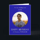 Teenager photo birthday card to son, 13 year old<br><div class="desc">Photo Happy Birthday card for son from mom, mum, mother. For a 13 year old. The first teenager birthday! Alternatively, you can add any relationship and add any age. Add your own selected photo into a blue round frame to make this card a special memento gift. Click on 'Personalise'. Enter...</div>