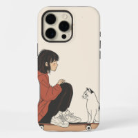 Teenager sitting on skateboard and next to his cat