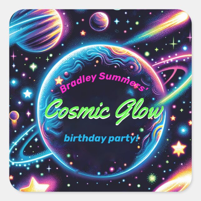 Teens Cosmic Glow Space Themed Birthday Party Square Sticker (Front)