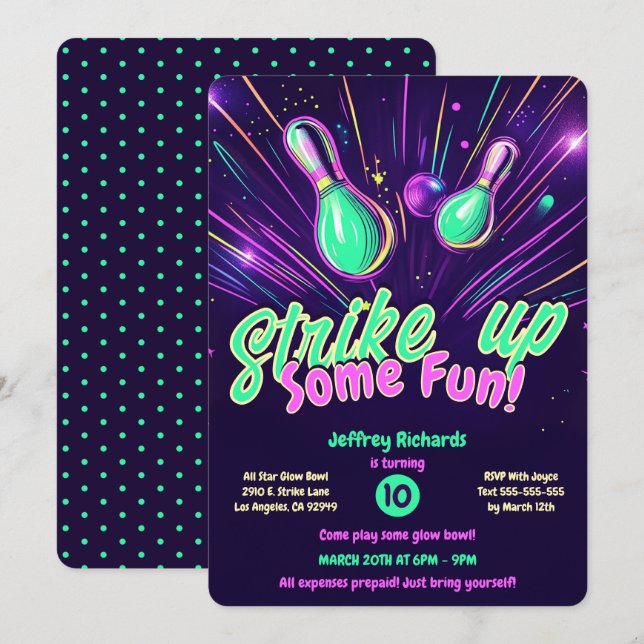 Teens Glow in the Dark Bowling Party Invitation (Front/Back)