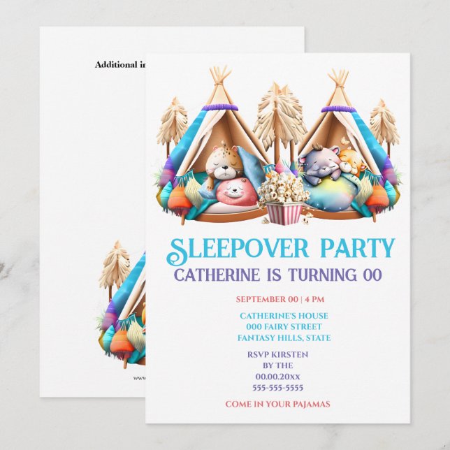 Teepee cartoon animals sleeping popcorn kids invitation (Front/Back)