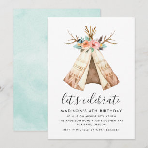 Teepee Floral Bohème Invitation d'anniversaire