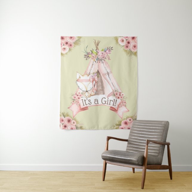 Teepee Fox Baby Shower Backdrop Banner Tapestry (In Situ)