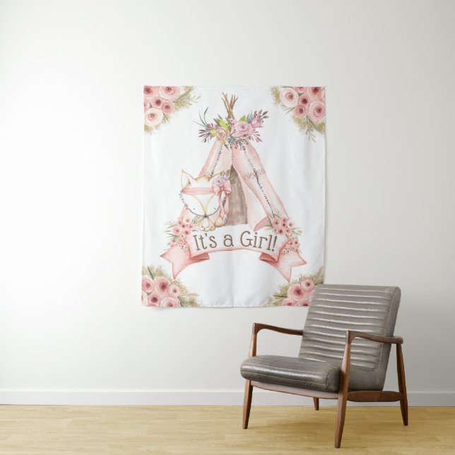 Teepee Fox Tribal Baby Shower Backdrop Banner Tapestry (In Situ)