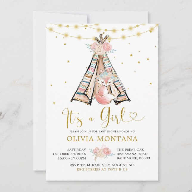 Teepee Pink Floral Fox Baby Shower Invitation (Front)