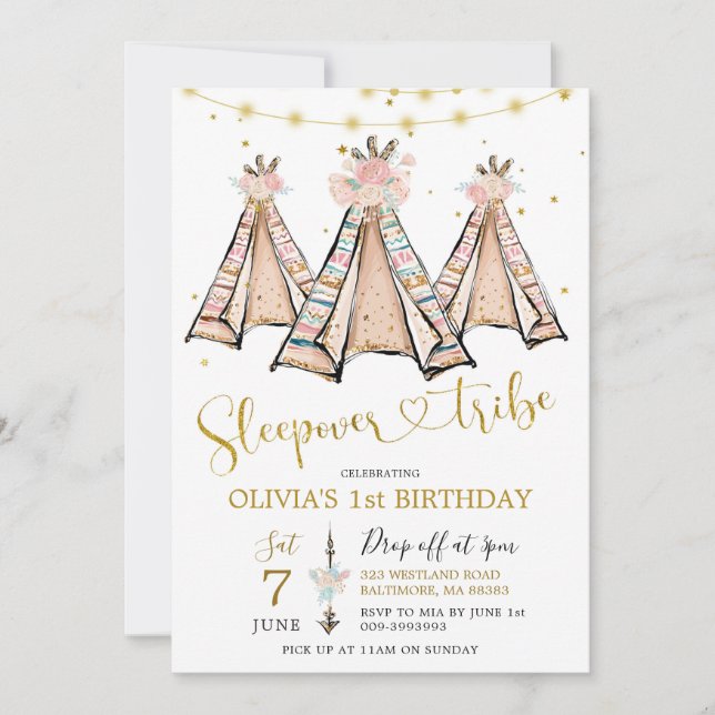 Teepee Pink Floral Girl Sleepover Party Invitation (Front)