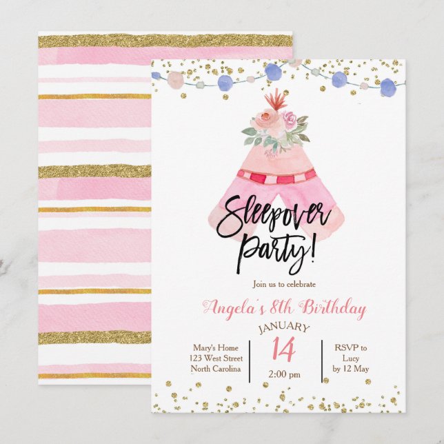 Teepee sleepover party invitation (Front/Back)