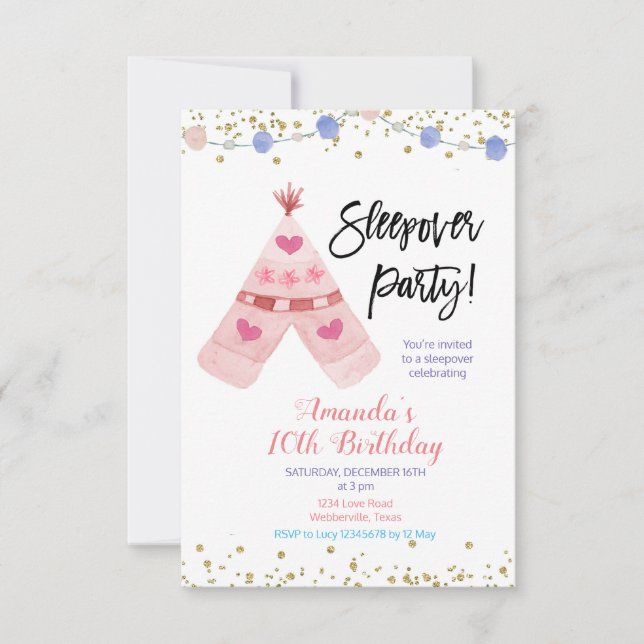 Teepee sleepover party invitation (Front)