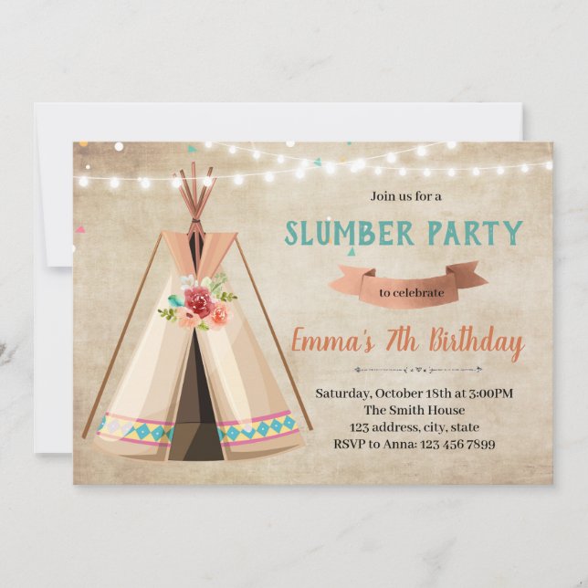 Teepee slumber party birthday invitation (Front)