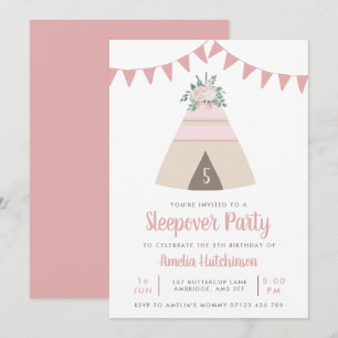 Teepee Slumber Party Girls Pink Floral Birthday Invitation