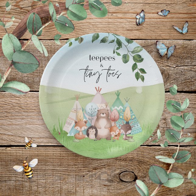 Teepees and Tiny Toes Paper Plate (Adorable Teepees & Tiny Toes woodland animal theme paper plates)