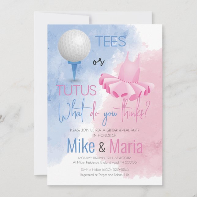 Tees or Tutus gender reveal invitation (Front)