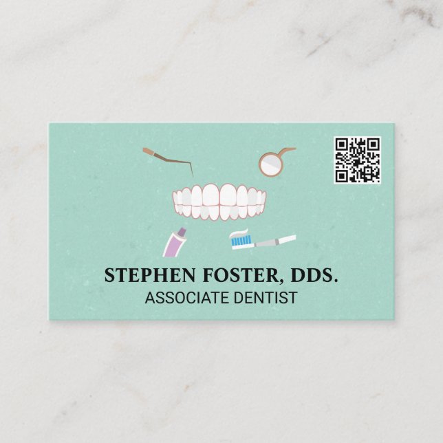 Teeth and Dental Tools | QR Code Business Card (Front)