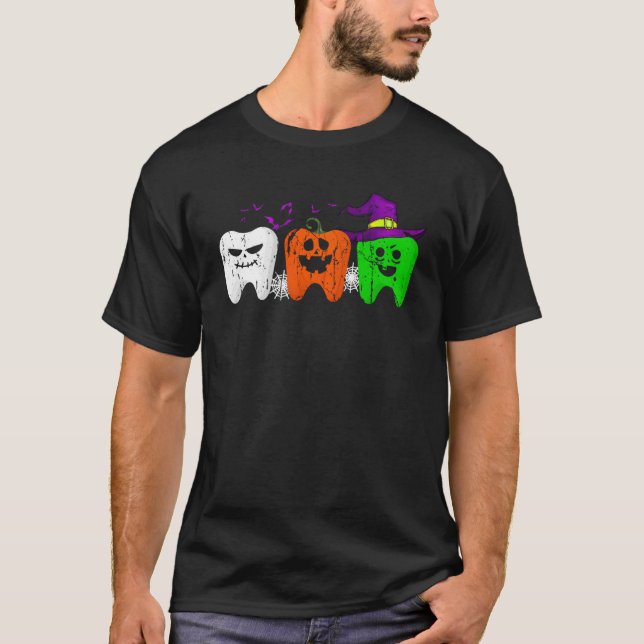 Teeth Ghost Pumpkin Witch Cute Dental Halloween De T-Shirt (Front)