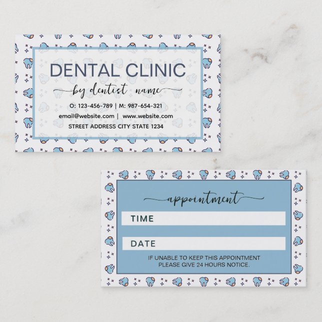 Teeth pattern blue Dentist  Appointment Card (Front/Back)
