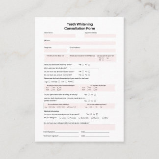 Teeth Whitening Consultation Form Business Card