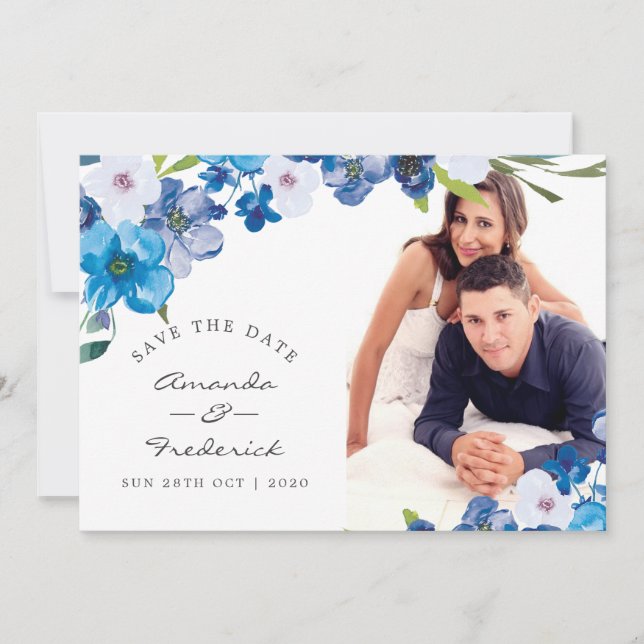 Teintes de mariage floral bleu Save the Date (Devant)