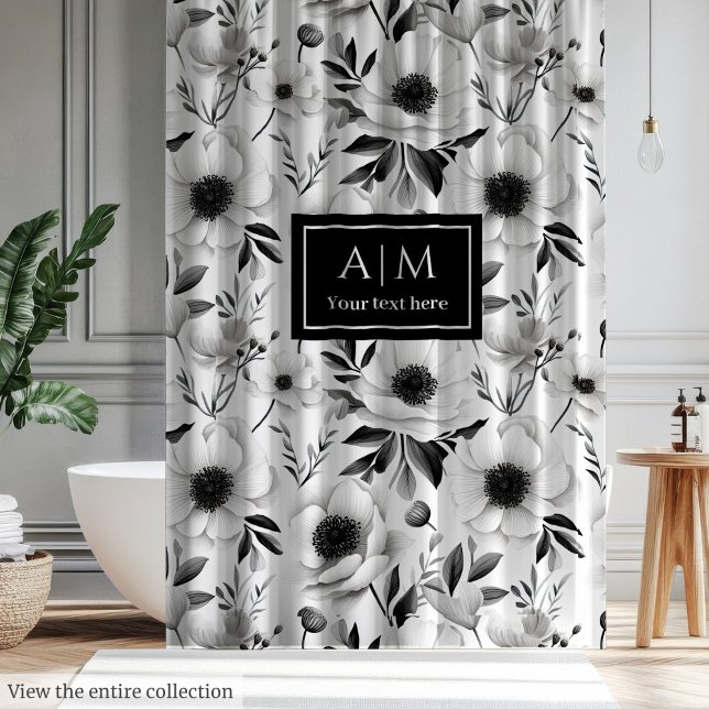 Teintes grises modernes rideau floral avec nom per (Modern grey hues floral curtain with custom name)