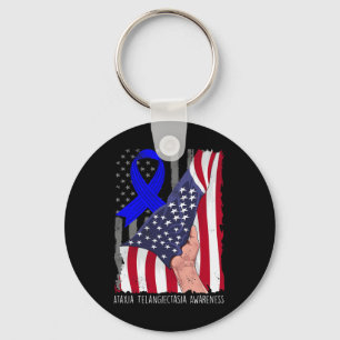 Telangiectasia Awareness American Flag Blue Ribbon Keychain