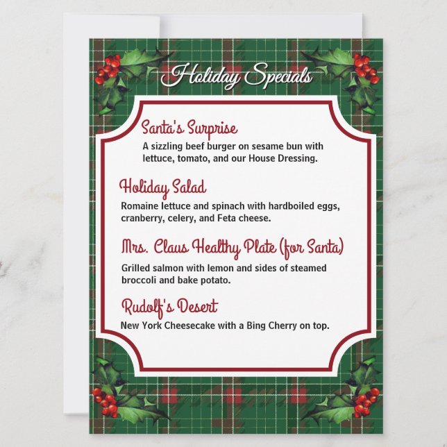 Téléchargeable Green Plaid Holiday Specials Menu (Devant)