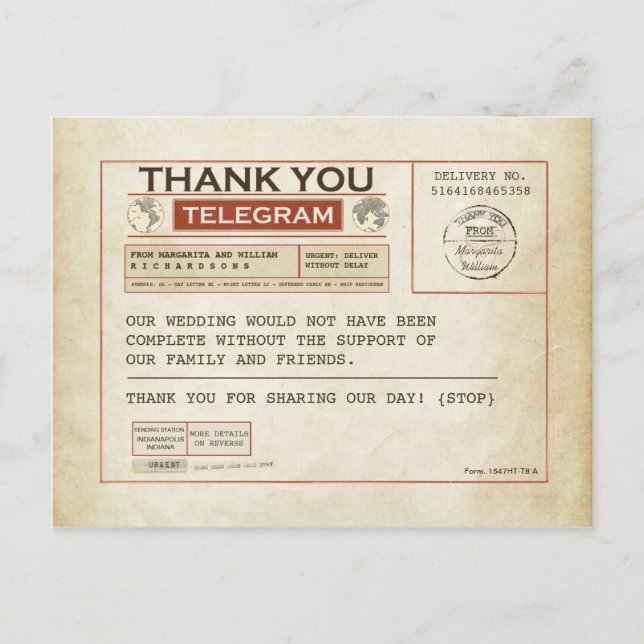 Telegram Cartes de remerciement pour le mariage (Devant)