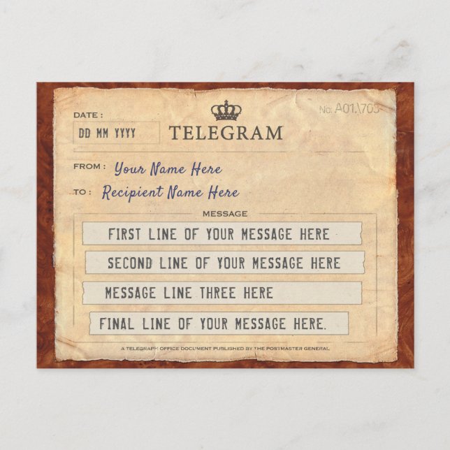 TELEGRAM POST CARD WITH YOUR MESSAGE (Front)