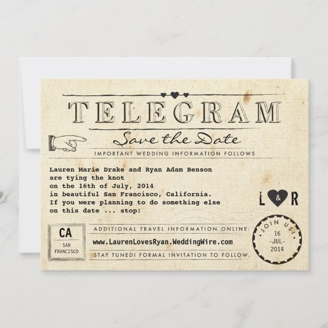 Telegram with Hearts Vintage Travel Save the Date (Front)