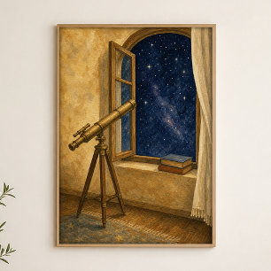 Telescope by the Open Window Watercolour Poster