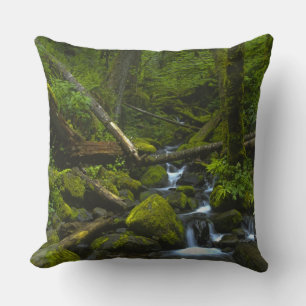 Temperate Rainforest Stream in Columbia River Throw Pillow