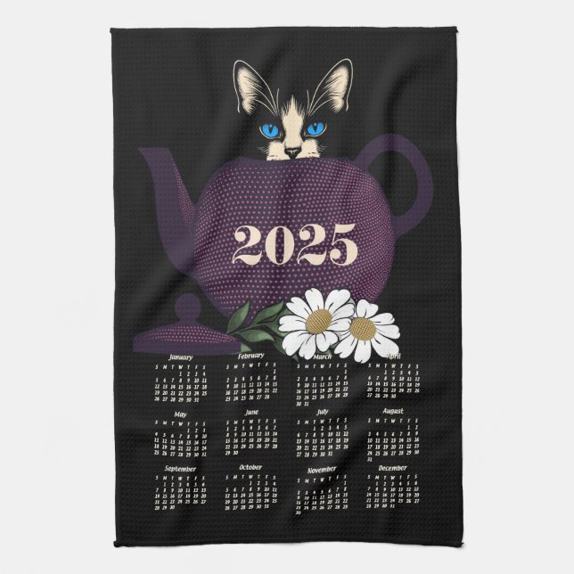 Tempest in a Teapot Kitten Cat Cute 2025 Calendar Kitchen Towel (Vertical)