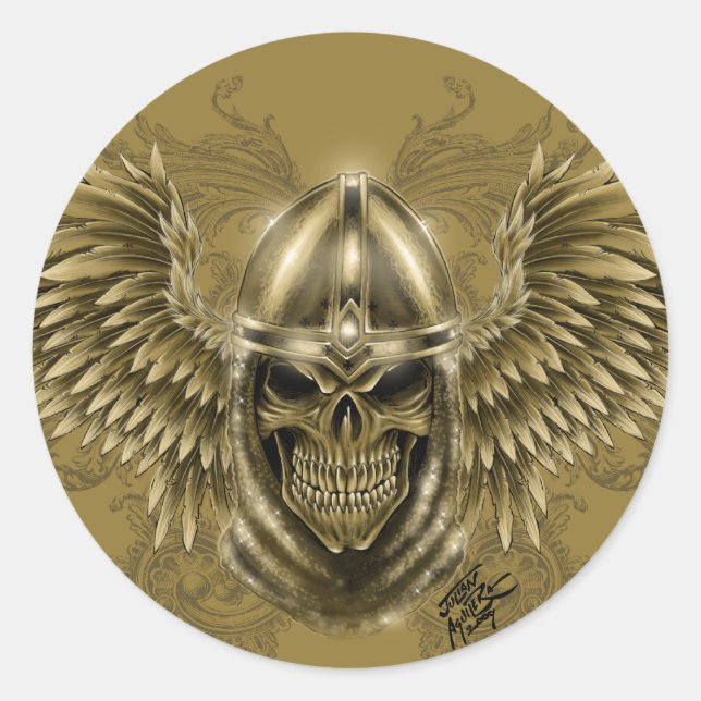 Templar Knight Gothic Medieval Skull with Wings Classic Round Sticker (Front)