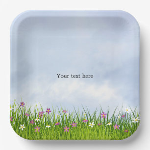 Template, Blue Sky and Summer Flowers, Paper Plate