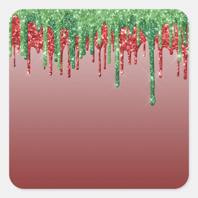 Template Green and Red Glitter Drip   Square Sticker (Front)