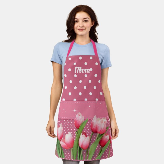 Template Pink Tulips on Pink and White Polka Dots  Apron (Worn)