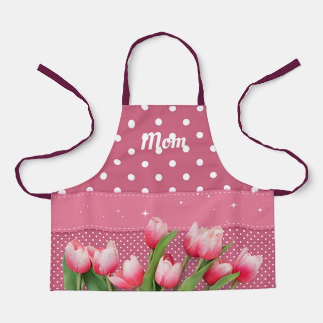 Template Pink Tulips on Pink and White Polka Dots Apron (Front)