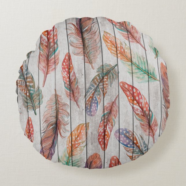 Template seamless pattern with colour feathers. Fr Round Pillow (Front)
