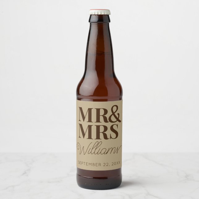 Template Wedding Favour Mr & Mrs Name Rustic Moder Beer Bottle Label (Front)