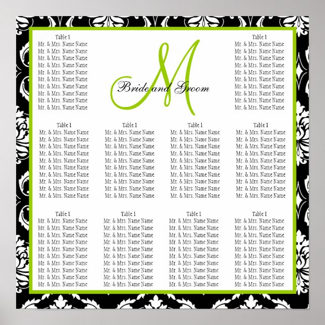 Template Wedding Seating Chart Damask Green (Front)