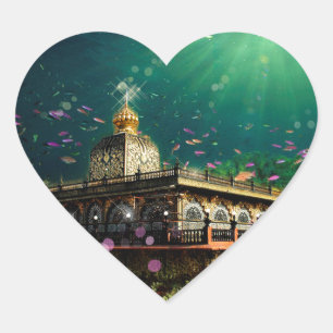 Temple Coral Reef water fantasy green gold Heart Sticker