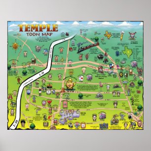 Temple Texas Cartoon Map Poster